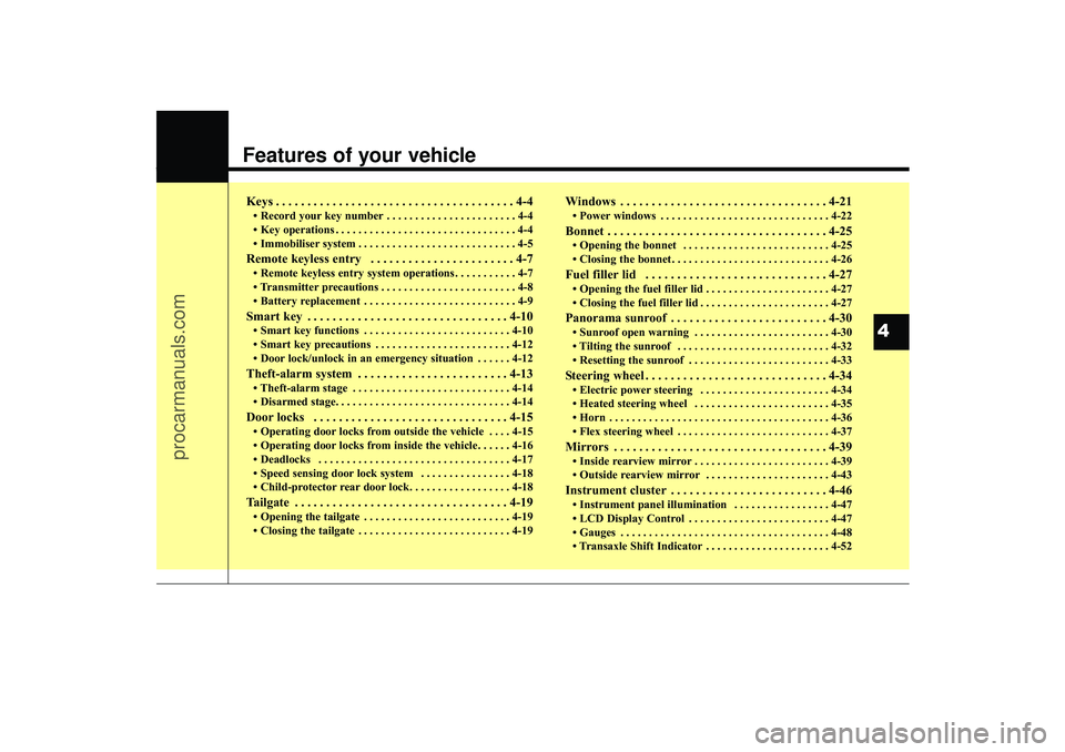 HYUNDAI IX35 2016  Owners Manual Features of your vehicleKeys . . . . . . . . . . . . . . . . . . . . . . . . . . . . . . . . . . . . \
. . 4-4• Record your key number . . . . . . . . . . . . . . . . . . . . . . . 4-4
• Key opera