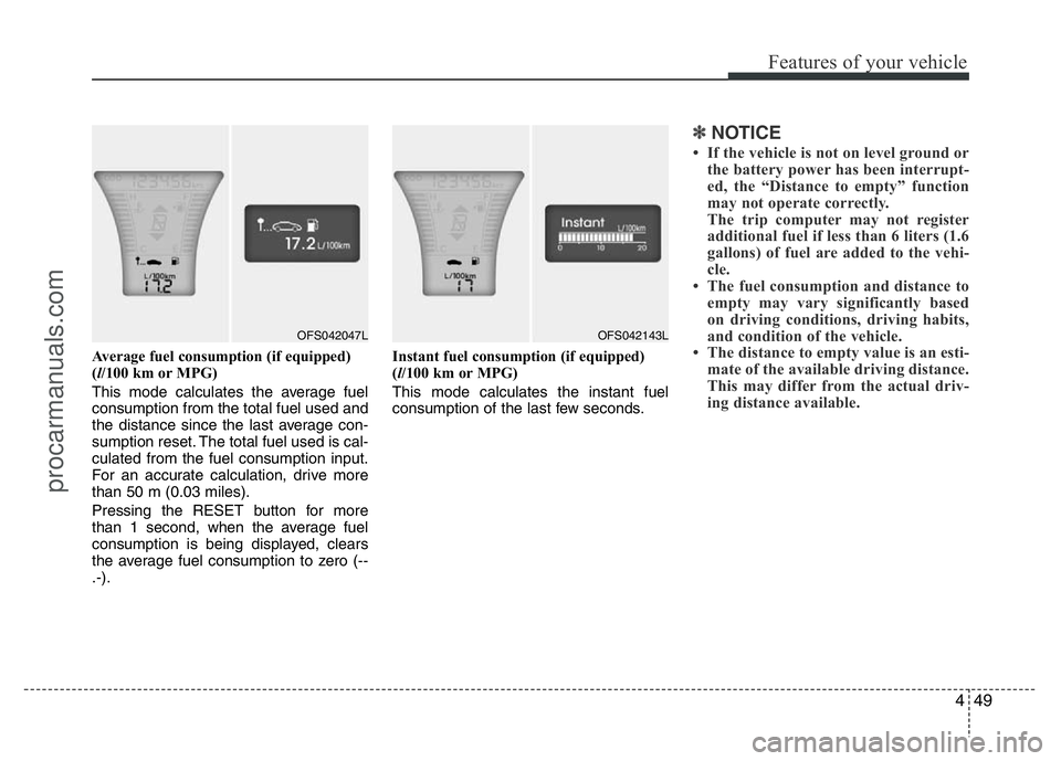HYUNDAI VELOSTER 2011 Owners Manual 449
Features of your vehicle
Average fuel consumption (if equipped)
(l/100 km or MPG)
This mode calculates the average fuel
consumption from the total fuel used and
the distance since the last average HYUNDAI VELOSTER 2011 Owners Manual 449
Features of your vehicle
Average fuel consumption (if equipped)
(l/100 km or MPG)
This mode calculates the average fuel
consumption from the total fuel used and
the distance since the last average