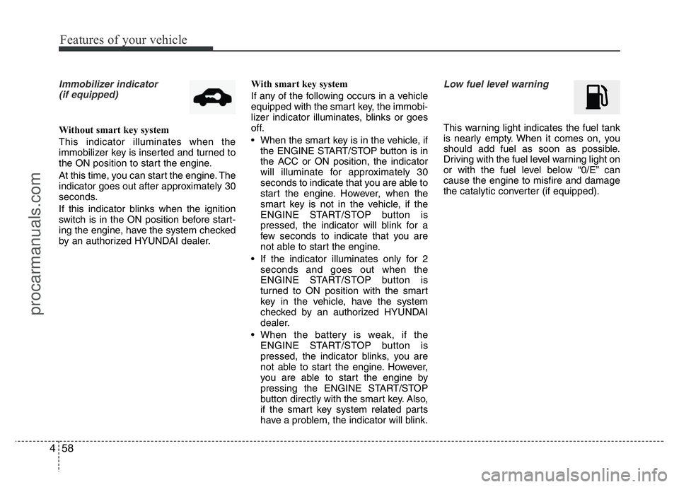 HYUNDAI VELOSTER 2011 Owners Manual Features of your vehicle
58 4
Immobilizer indicator
(if equipped)
Without smart key system
This indicator illuminates when the
immobilizer key is inserted and turned to
the ON position to start the e HYUNDAI VELOSTER 2011 Owners Manual Features of your vehicle
58 4
Immobilizer indicator
(if equipped)
Without smart key system
This indicator illuminates when the
immobilizer key is inserted and turned to
the ON position to start the e