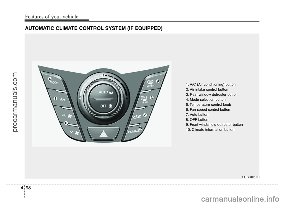 HYUNDAI VELOSTER 2011 Owners Manual Features of your vehicle
98 4
AUTOMATIC CLIMATE CONTROL SYSTEM (IF EQUIPPED)
1. A/C (Air conditioning) button
2. Air intake control button
3. Rear window defroster button
4. Mode selection button
5. T HYUNDAI VELOSTER 2011 Owners Manual Features of your vehicle
98 4
AUTOMATIC CLIMATE CONTROL SYSTEM (IF EQUIPPED)
1. A/C (Air conditioning) button
2. Air intake control button
3. Rear window defroster button
4. Mode selection button
5. T