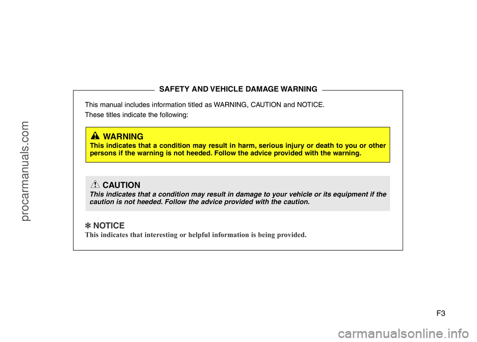 HYUNDAI VELOSTER 2011 Owners Manual F3
This manual includes information titled as WARNING, CAUTION and NOTICE.
These titles indicate the following:
✽ NOTICE
This indicates that interesting or helpful information is being provided.
SAF HYUNDAI VELOSTER 2011 Owners Manual F3
This manual includes information titled as WARNING, CAUTION and NOTICE.
These titles indicate the following:
✽ NOTICE
This indicates that interesting or helpful information is being provided.
SAF