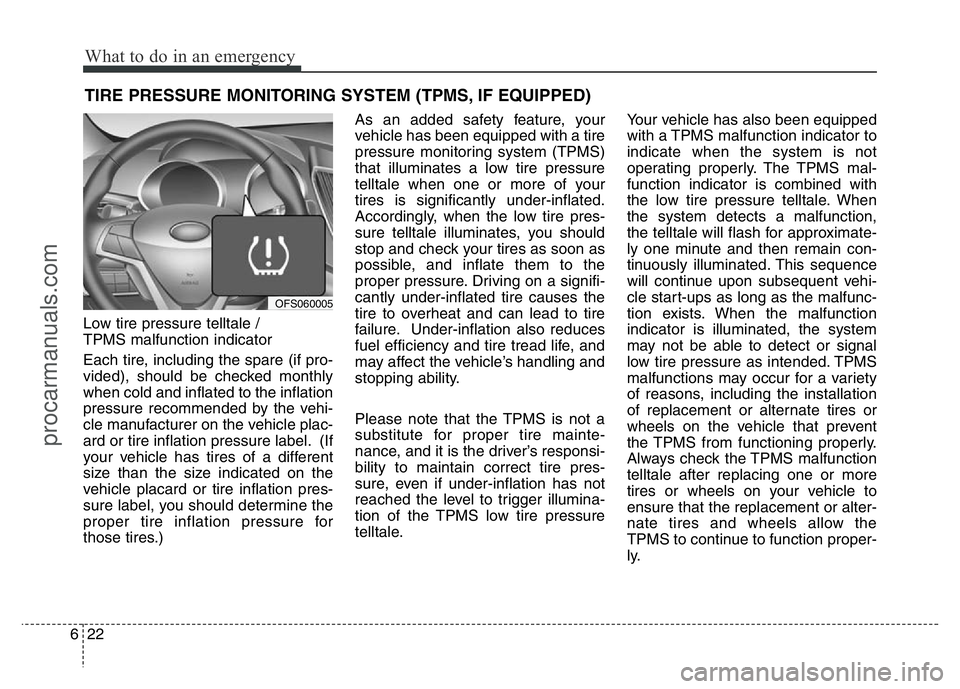 HYUNDAI VELOSTER 2011 Owners Manual What to do in an emergency
22 6
TIRE PRESSURE MONITORING SYSTEM (TPMS, IF EQUIPPED)
Low tire pressure telltale /
TPMS malfunction indicator
Each tire, including the spare (if pro-
vided), should be c HYUNDAI VELOSTER 2011 Owners Manual What to do in an emergency
22 6
TIRE PRESSURE MONITORING SYSTEM (TPMS, IF EQUIPPED)
Low tire pressure telltale /
TPMS malfunction indicator
Each tire, including the spare (if pro-
vided), should be c