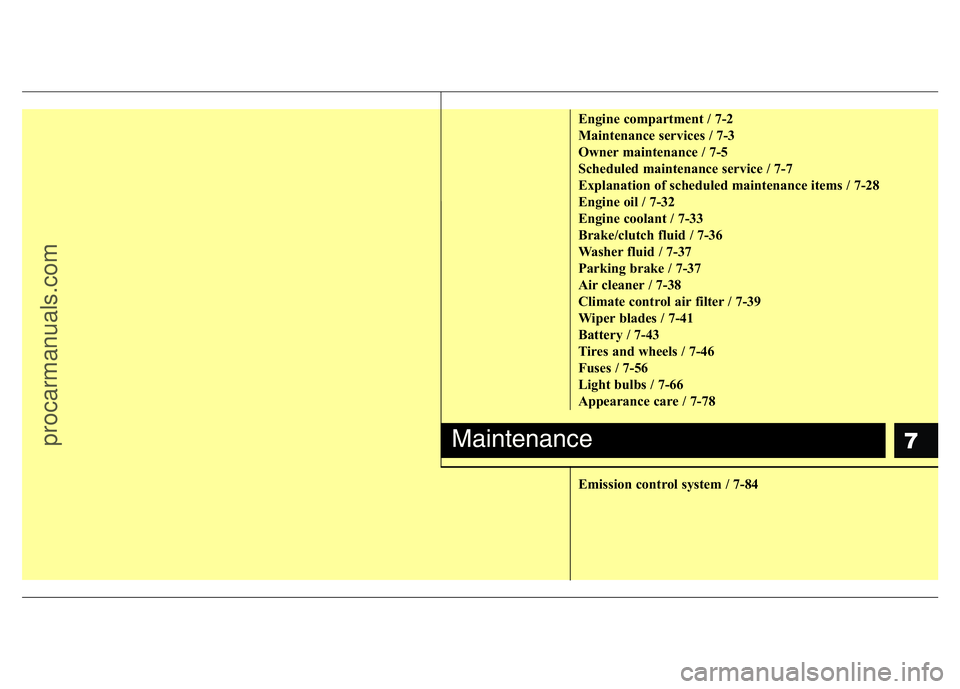 HYUNDAI VELOSTER 2011 Owners Manual 7
Engine compartment / 7-2
Maintenance services / 7-3
Owner maintenance / 7-5
Scheduled maintenance service / 7-7
Explanation of scheduled maintenance items / 7-28
Engine oil / 7-32
Engine coolant / 7 HYUNDAI VELOSTER 2011 Owners Manual 7
Engine compartment / 7-2
Maintenance services / 7-3
Owner maintenance / 7-5
Scheduled maintenance service / 7-7
Explanation of scheduled maintenance items / 7-28
Engine oil / 7-32
Engine coolant / 7