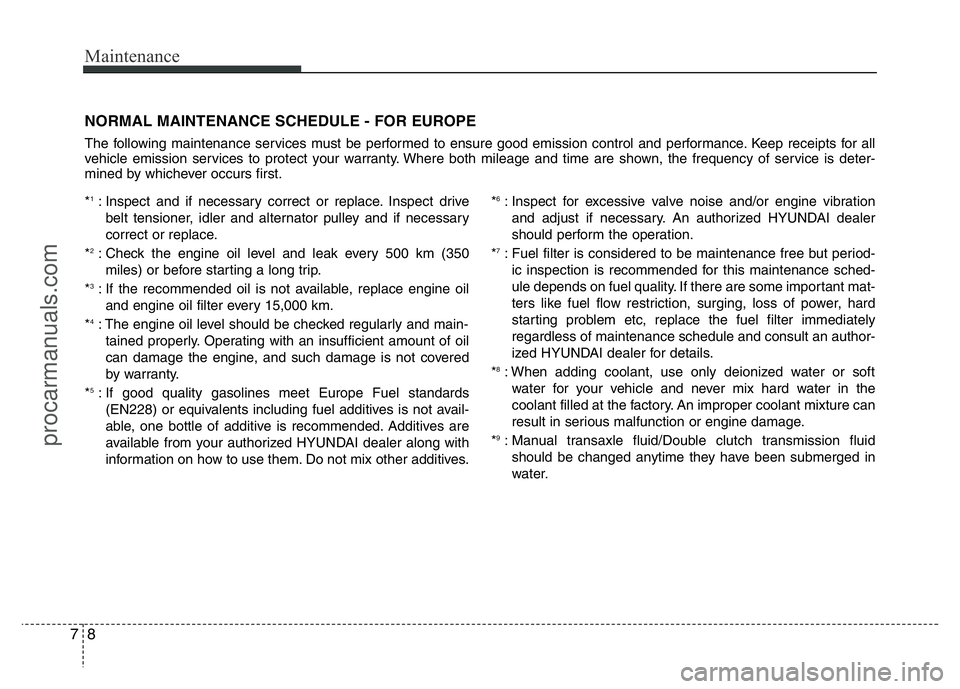 HYUNDAI VELOSTER 2011 Owners Manual Maintenance
8 7
NORMAL MAINTENANCE SCHEDULE - FOR EUROPE
The following maintenance services must be performed to ensure good emission control and performance. Keep receipts for all
vehicle emission se HYUNDAI VELOSTER 2011 Owners Manual Maintenance
8 7
NORMAL MAINTENANCE SCHEDULE - FOR EUROPE
The following maintenance services must be performed to ensure good emission control and performance. Keep receipts for all
vehicle emission se