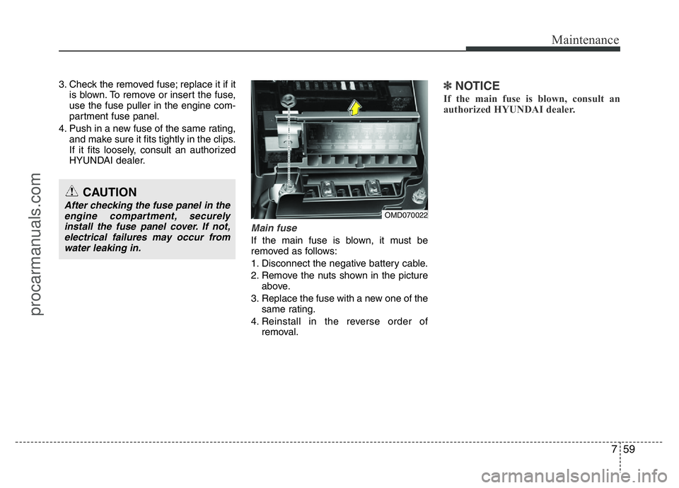 HYUNDAI VELOSTER 2011 Owners Manual 759
Maintenance
3. Check the removed fuse; replace it if it
is blown. To remove or insert the fuse,
use the fuse puller in the engine com-
partment fuse panel.
4. Push in a new fuse of the same rating HYUNDAI VELOSTER 2011 Owners Manual 759
Maintenance
3. Check the removed fuse; replace it if it
is blown. To remove or insert the fuse,
use the fuse puller in the engine com-
partment fuse panel.
4. Push in a new fuse of the same rating