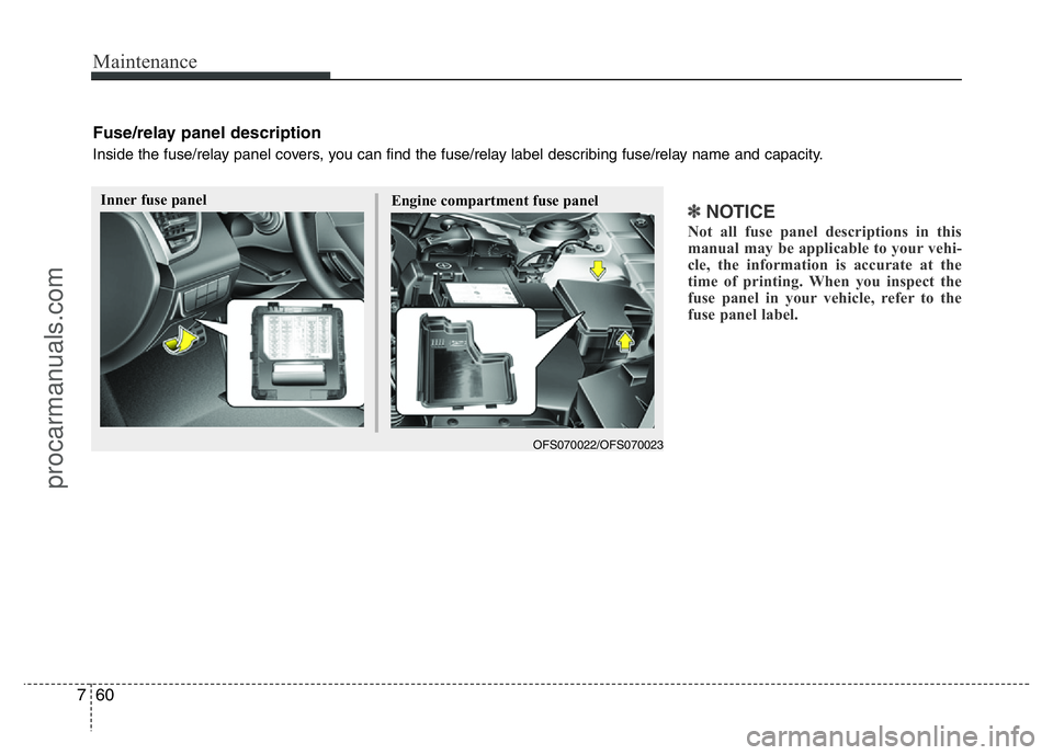 HYUNDAI VELOSTER 2011 Owners Manual Maintenance
60 7
✽NOTICE
Not all fuse panel descriptions in this
manual may be applicable to your vehi-
cle, the information is accurate at the
time of printing. When you inspect the
fuse panel in y HYUNDAI VELOSTER 2011 Owners Manual Maintenance
60 7
✽NOTICE
Not all fuse panel descriptions in this
manual may be applicable to your vehi-
cle, the information is accurate at the
time of printing. When you inspect the
fuse panel in y