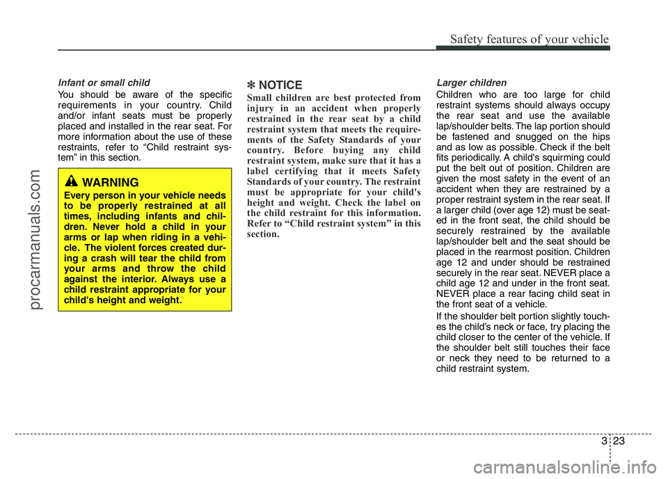 HYUNDAI VELOSTER 2011 Owners Guide 323
Safety features of your vehicle
Infant or small child
You should be aware of the specific
requirements in your country. Child
and/or infant seats must be properly
placed and installed in the rear HYUNDAI VELOSTER 2011 Owners Guide 323
Safety features of your vehicle
Infant or small child
You should be aware of the specific
requirements in your country. Child
and/or infant seats must be properly
placed and installed in the rear