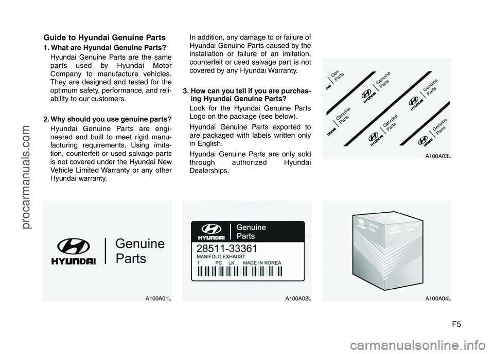 HYUNDAI VELOSTER 2011 Owners Manual F5 Guide to Hyundai Genuine Parts
1. What are Hyundai Genuine Parts?
Hyundai Genuine Parts are the same
parts used by Hyundai Motor
Company to manufacture vehicles.
They are designed and tested for th HYUNDAI VELOSTER 2011 Owners Manual F5 Guide to Hyundai Genuine Parts
1. What are Hyundai Genuine Parts?
Hyundai Genuine Parts are the same
parts used by Hyundai Motor
Company to manufacture vehicles.
They are designed and tested for th