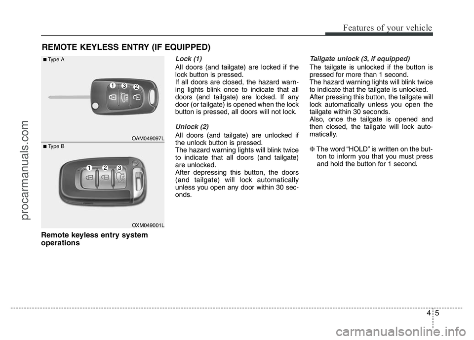 HYUNDAI VELOSTER 2011 Manual PDF 45
Features of your vehicle
Remote keyless entry system
operations
Lock (1)
All doors (and tailgate) are locked if the
lock button is pressed.
If all doors are closed, the hazard warn-
ing lights blin