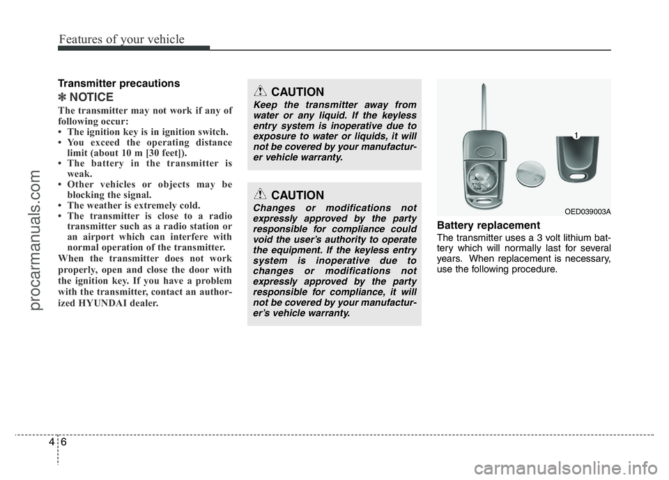 HYUNDAI VELOSTER 2011 Manual PDF Features of your vehicle
6 4
Transmitter precautions
✽NOTICE
The transmitter may not work if any of
following occur:
• The ignition key is in ignition switch.
• You exceed the operating distance