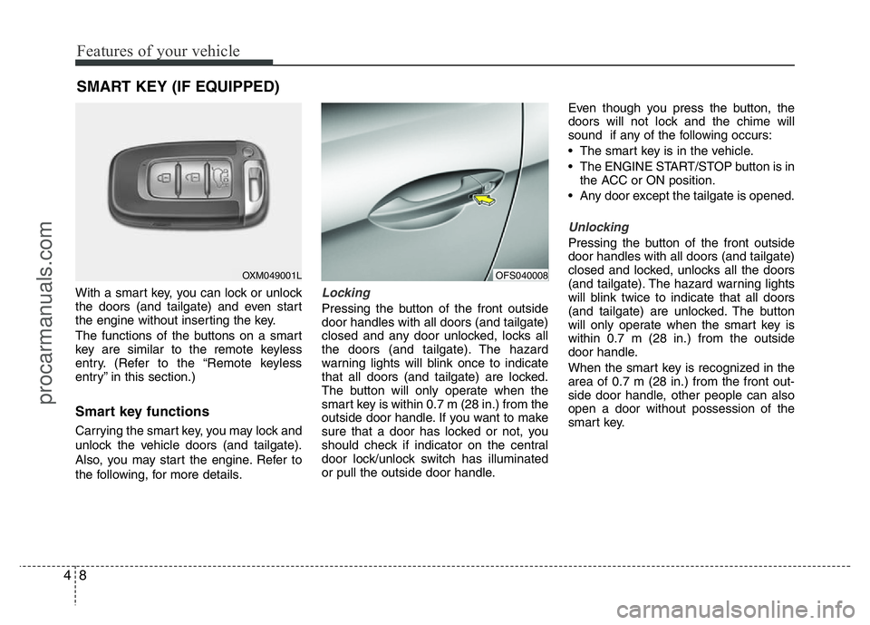 HYUNDAI VELOSTER 2011 Manual Online Features of your vehicle
8 4
With a smart key, you can lock or unlock
the doors (and tailgate) and even start
the engine without inserting the key.
The functions of the buttons on a smart
key are simi