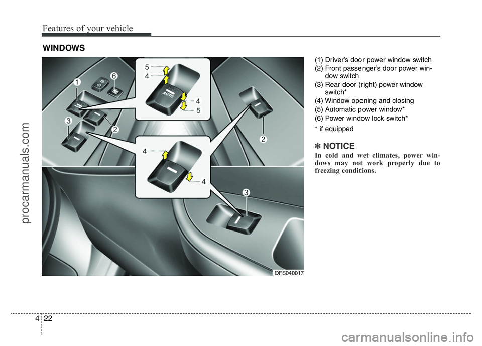 HYUNDAI VELOSTER 2011  Owners Manual Features of your vehicle
22 4
(1) Driver’s door power window switch
(2) Front passenger’s door power win-
dow switch
(3) Rear door (right) power window
switch*
(4) Window opening and closing
(5) A