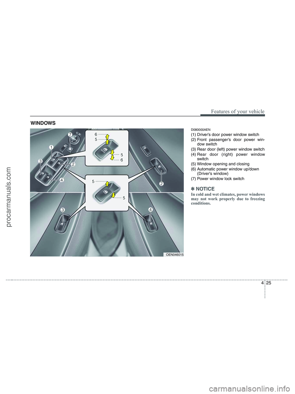 HYUNDAI VERACRUZ 2010 Owners Manual 425
Features of your vehicle
D080000AEN
(1) Driver’s door power window switch
(2) Front passenger’s door power win-
dow switch
(3) Rear door (left) power window switch
(4) Rear door (right) power HYUNDAI VERACRUZ 2010 Owners Manual 425
Features of your vehicle
D080000AEN
(1) Driver’s door power window switch
(2) Front passenger’s door power win-
dow switch
(3) Rear door (left) power window switch
(4) Rear door (right) power