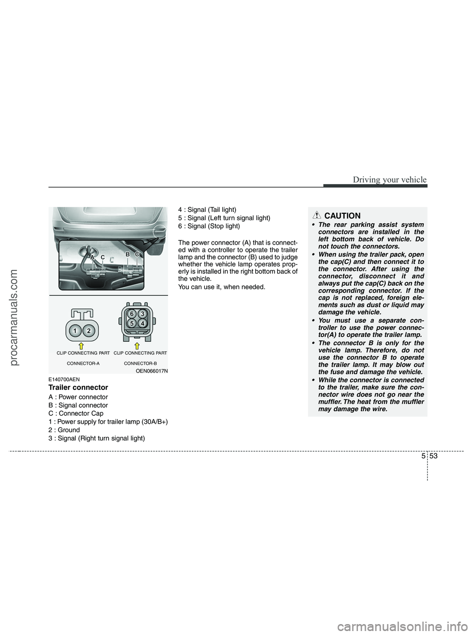 HYUNDAI VERACRUZ 2010 Owners Manual 553
Driving your vehicle
E140700AEN
Trailer connector
A : Power connector
B : Signal connector
C : Connector Cap
1 : Power supply for trailer lamp (30A/B+)
2 : Ground
3 : Signal (Right turn signa HYUNDAI VERACRUZ 2010 Owners Manual 553
Driving your vehicle
E140700AEN
Trailer connector
A : Power connector
B : Signal connector
C : Connector Cap
1 : Power supply for trailer lamp (30A/B+)
2 : Ground
3 : Signal (Right turn signa
