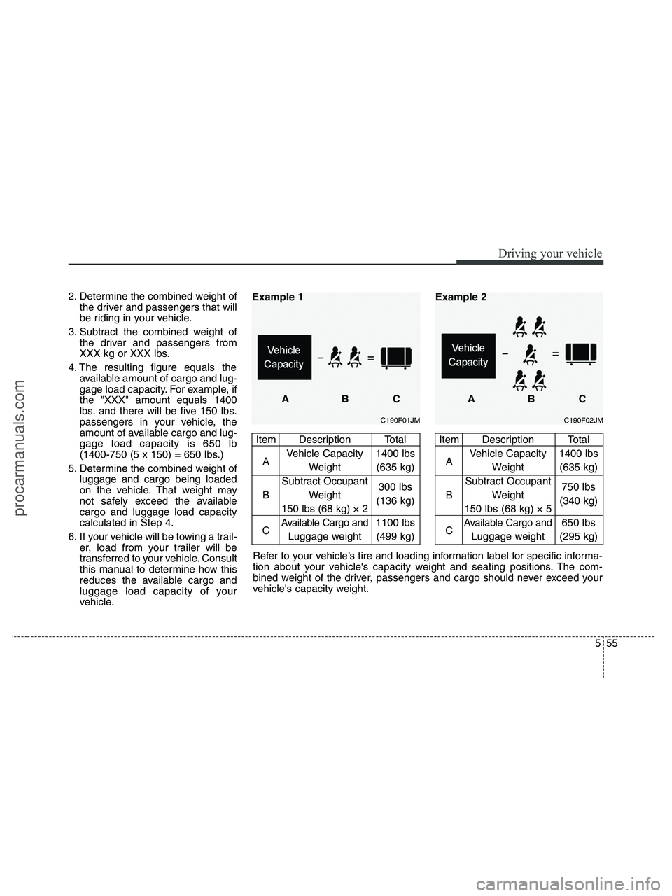 HYUNDAI VERACRUZ 2010 Owners Manual 555
Driving your vehicle
2. Determine the combined weight of
the driver and passengers that will
be riding in your vehicle.
3. Subtract the combined weight of
the driver and passengers from
XXX kg or HYUNDAI VERACRUZ 2010 Owners Manual 555
Driving your vehicle
2. Determine the combined weight of
the driver and passengers that will
be riding in your vehicle.
3. Subtract the combined weight of
the driver and passengers from
XXX kg or