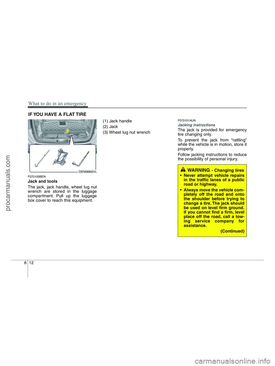 HYUNDAI VERACRUZ 2010 Owners Manual What to do in an emergency
12 6
IF YOU HAVE A FLAT TIRE
F070100BEN
Jack and tools
The jack, jack handle, wheel lug nut
wrench are stored in the luggage
compartment. Pull up the luggage
box cover to re HYUNDAI VERACRUZ 2010 Owners Manual What to do in an emergency
12 6
IF YOU HAVE A FLAT TIRE
F070100BEN
Jack and tools
The jack, jack handle, wheel lug nut
wrench are stored in the luggage
compartment. Pull up the luggage
box cover to re