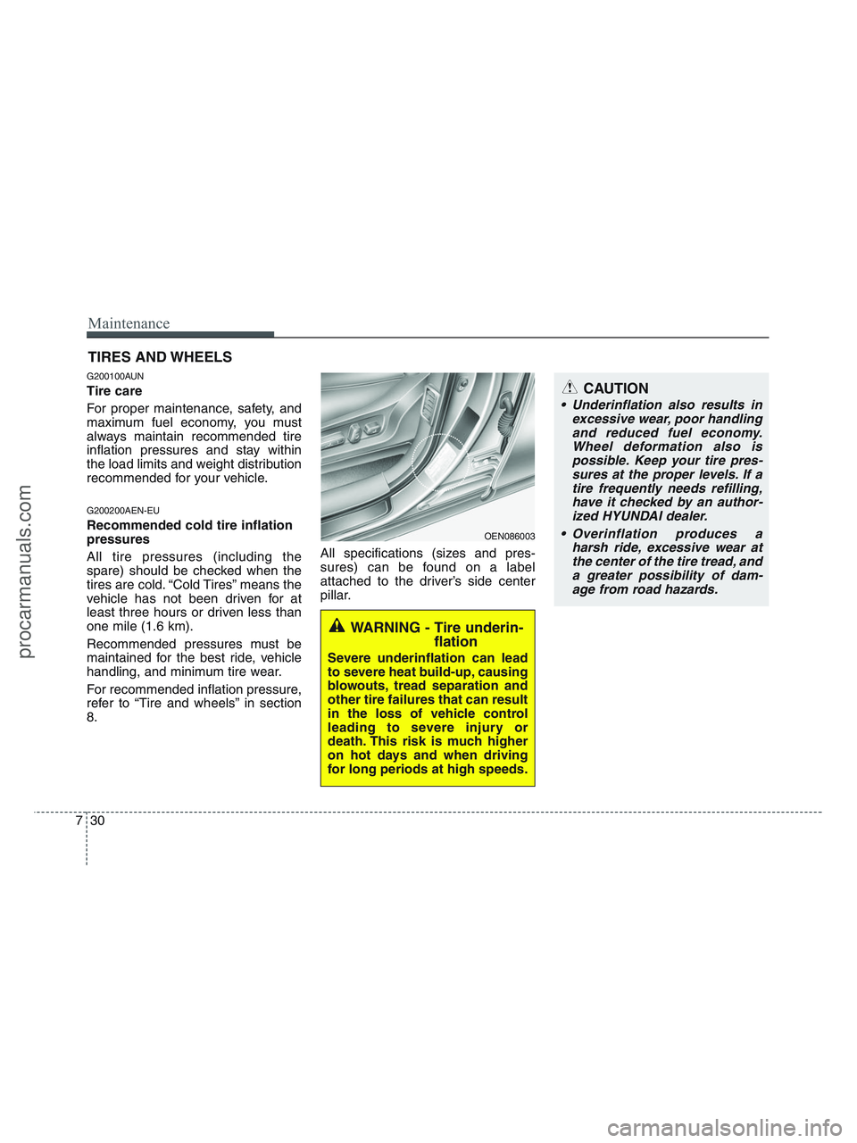 HYUNDAI VERACRUZ 2010 Owners Manual Maintenance
30 7
CAUTION
Underinflation also results in
excessive wear, poor handling
and reduced fuel economy.
Wheel deformation also is
possible. Keep your tire pres-
sures at the proper levels. If HYUNDAI VERACRUZ 2010 Owners Manual Maintenance
30 7
CAUTION
Underinflation also results in
excessive wear, poor handling
and reduced fuel economy.
Wheel deformation also is
possible. Keep your tire pres-
sures at the proper levels. If