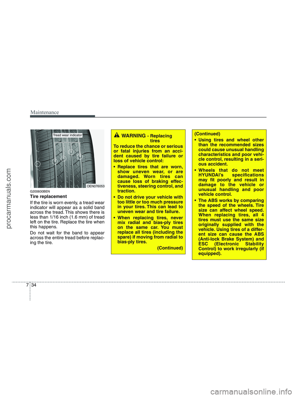 HYUNDAI VERACRUZ 2010 Owners Manual Maintenance
34 7
G200600BEN
Tire replacement
If the tire is worn evenly, a tread wear
indicator will appear as a solid band
across the tread. This shows there is
less than 1/16 inch (1.6 mm) of tread
HYUNDAI VERACRUZ 2010 Owners Manual Maintenance
34 7
G200600BEN
Tire replacement
If the tire is worn evenly, a tread wear
indicator will appear as a solid band
across the tread. This shows there is
less than 1/16 inch (1.6 mm) of tread