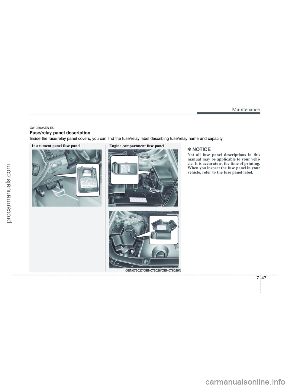 HYUNDAI VERACRUZ 2010 Owners Manual 747
Maintenance
✽ ✽
NOTICE
Not all fuse panel descriptions in this
manual may be applicable to your vehi-
cle. It is accurate at the time of printing.
When you inspect the fuse panel in your
vehic HYUNDAI VERACRUZ 2010 Owners Manual 747
Maintenance
✽ ✽
NOTICE
Not all fuse panel descriptions in this
manual may be applicable to your vehi-
cle. It is accurate at the time of printing.
When you inspect the fuse panel in your
vehic