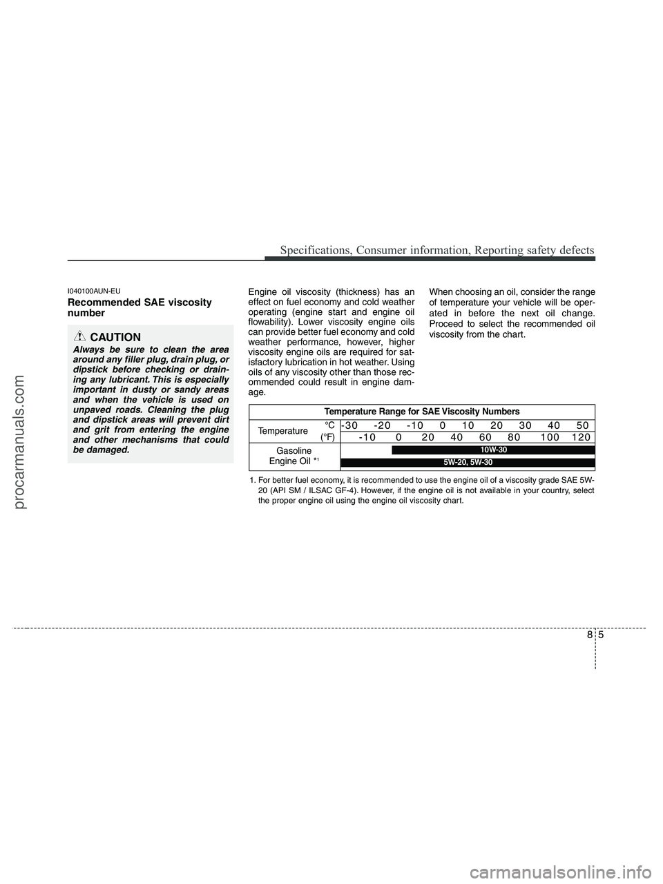 HYUNDAI VERACRUZ 2010 Owners Manual 85
Specifications, Consumer information, Reporting safety defects
I040100AUN-EU
Recommended SAE viscosity
number
Engine oil viscosity (thickness) has an
effect on fuel economy and cold weather
oper HYUNDAI VERACRUZ 2010 Owners Manual 85
Specifications, Consumer information, Reporting safety defects
I040100AUN-EU
Recommended SAE viscosity
number
Engine oil viscosity (thickness) has an
effect on fuel economy and cold weather
oper