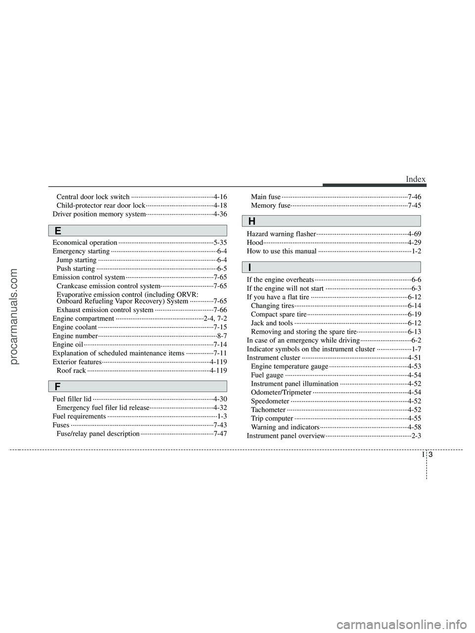 HYUNDAI VERACRUZ 2010  Owners Manual I3
Index
Central door lock switch ·············································4-16
Child-protector rear door lock ····················