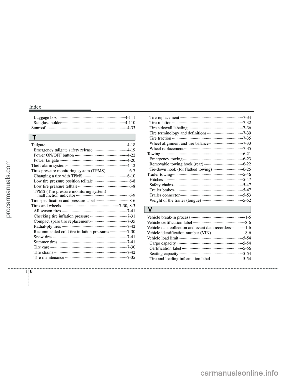 HYUNDAI VERACRUZ 2010  Owners Manual Index
6I
Luggage box ······························································4-111
Sunglass holder·················