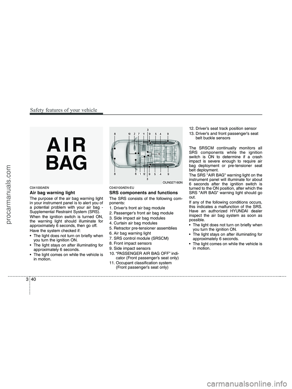 HYUNDAI VERACRUZ 2010 Workshop Manual Safety features of your vehicle
40 3
C041000AEN
Air bag warning light
The purpose of the air bag warning light
in your instrument panel is to alert you of
a potential problem with your air bag -
Suppl HYUNDAI VERACRUZ 2010 Workshop Manual Safety features of your vehicle
40 3
C041000AEN
Air bag warning light
The purpose of the air bag warning light
in your instrument panel is to alert you of
a potential problem with your air bag -
Suppl