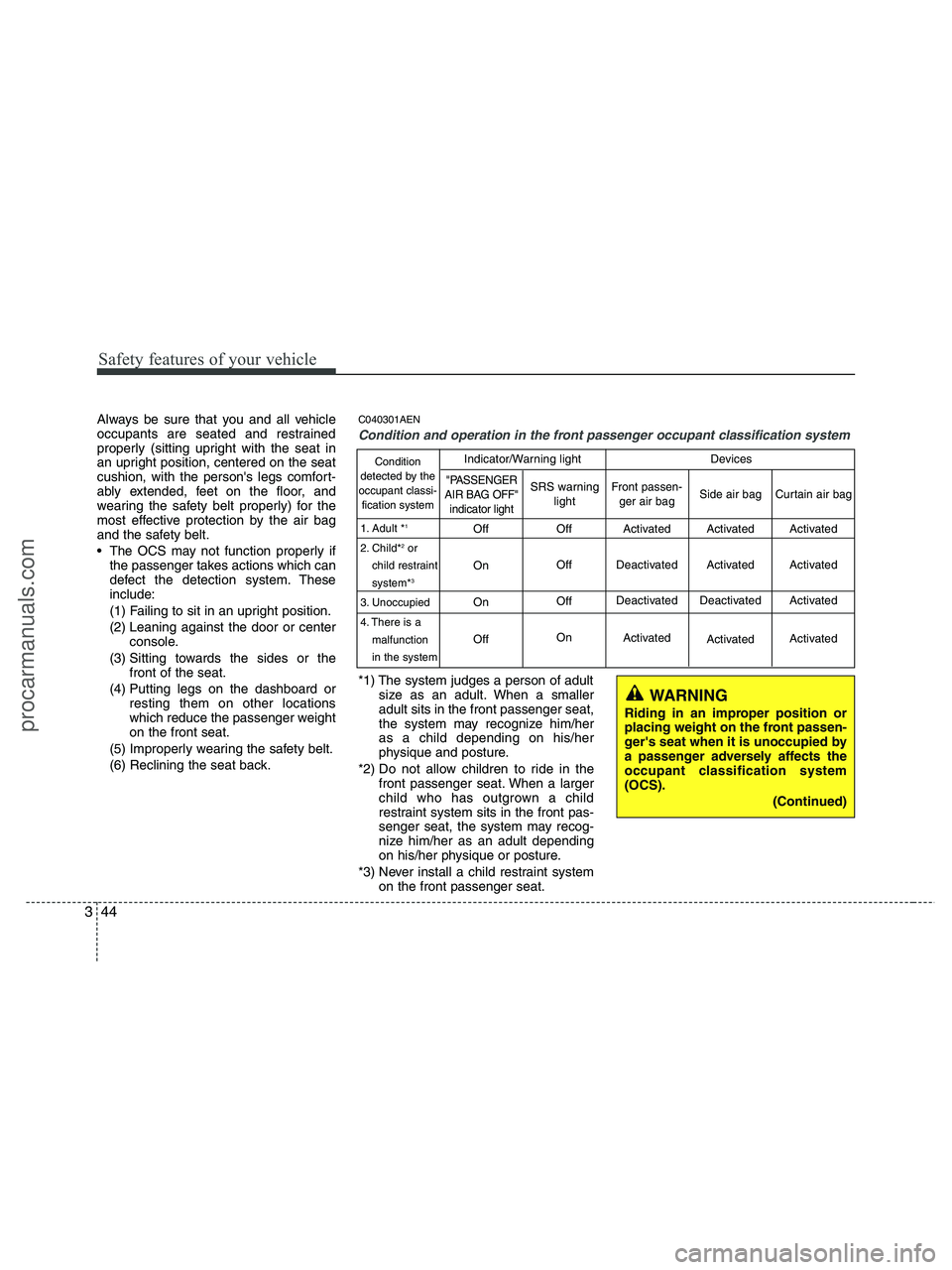 HYUNDAI VERACRUZ 2010 Repair Manual Safety features of your vehicle
44 3
Always be sure that you and all vehicle
occupants are seated and restrained
properly (sitting upright with the seat in
an upright position, centered on the seat
cu HYUNDAI VERACRUZ 2010 Repair Manual Safety features of your vehicle
44 3
Always be sure that you and all vehicle
occupants are seated and restrained
properly (sitting upright with the seat in
an upright position, centered on the seat
cu