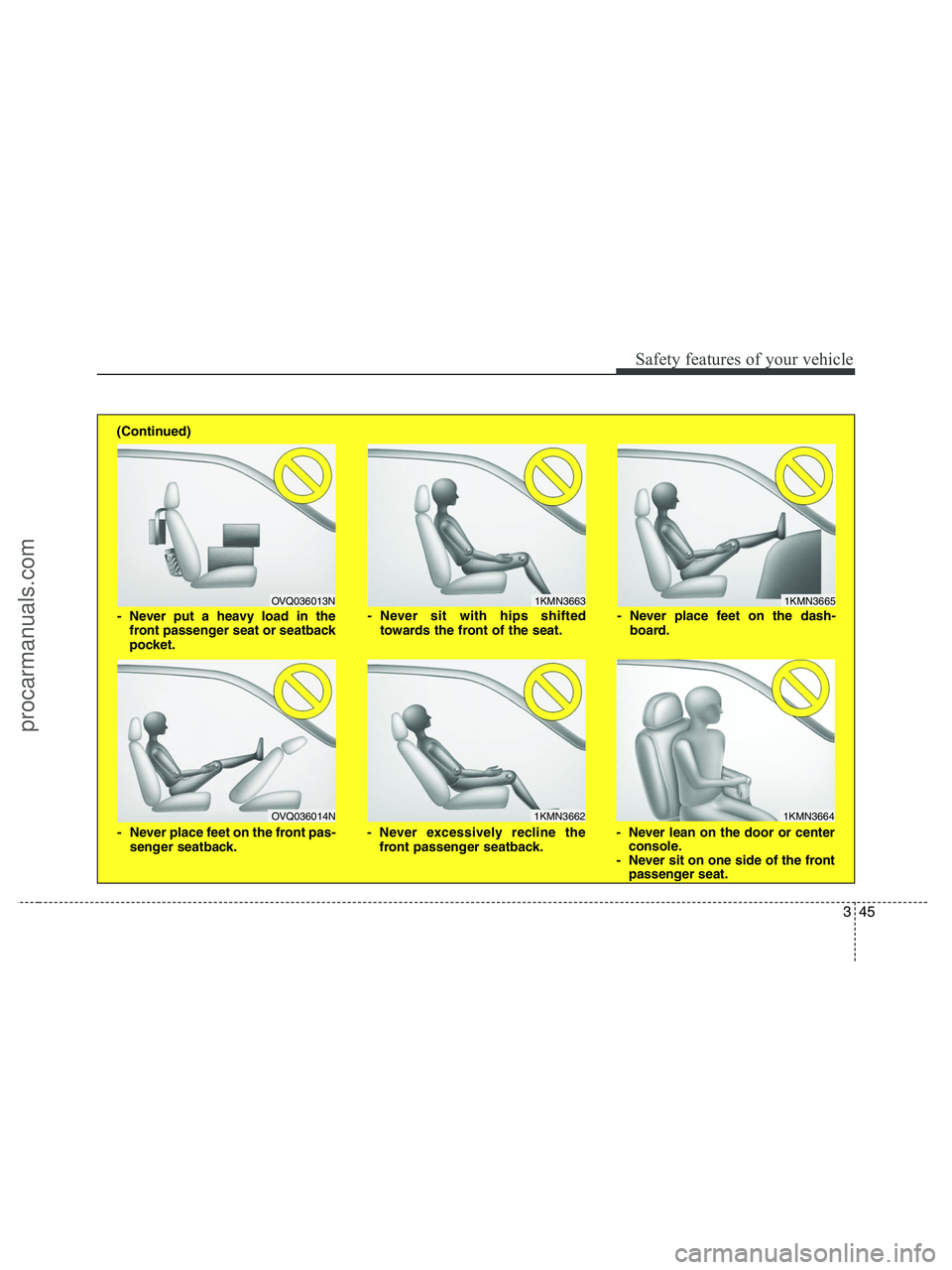 HYUNDAI VERACRUZ 2010 Repair Manual 345
Safety features of your vehicle
1KMN3663
1KMN3664
1KMN3665
- Never sit with hips shifted
towards the front of the seat.
- Never lean on the door or center
console.
- Never sit on one side of the f HYUNDAI VERACRUZ 2010 Repair Manual 345
Safety features of your vehicle
1KMN3663
1KMN3664
1KMN3665
- Never sit with hips shifted
towards the front of the seat.
- Never lean on the door or center
console.
- Never sit on one side of the f
