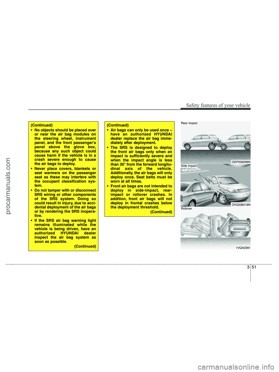 HYUNDAI VERACRUZ 2010 Manual PDF 351
Safety features of your vehicle
OEP036096N
OVQ036018N
1VQA2091
Rear impact
Side impact
Rollover
(Continued)
No objects should be placed over
or near the air bag modules on
the steering wheel, ins HYUNDAI VERACRUZ 2010 Manual PDF 351
Safety features of your vehicle
OEP036096N
OVQ036018N
1VQA2091
Rear impact
Side impact
Rollover
(Continued)
No objects should be placed over
or near the air bag modules on
the steering wheel, ins