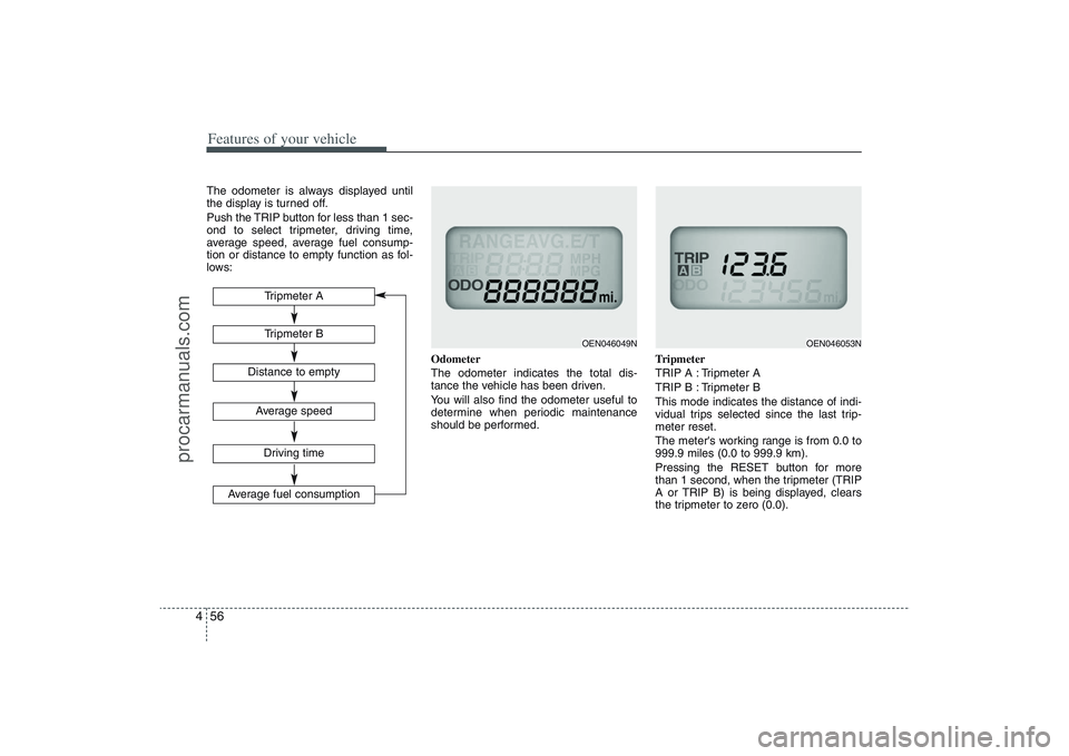 HYUNDAI VERACRUZ 2009 Owners Manual Features of your vehicle56 4The odometer is always displayed until
the display is turned off.
Push the TRIP button for less than 1 sec-
ond to select tripmeter, driving time,
average speed, average fu HYUNDAI VERACRUZ 2009 Owners Manual Features of your vehicle56 4The odometer is always displayed until
the display is turned off.
Push the TRIP button for less than 1 sec-
ond to select tripmeter, driving time,
average speed, average fu