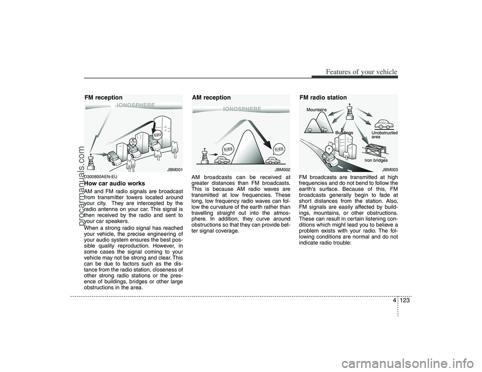 HYUNDAI VERACRUZ 2009 Owners Manual 4123
Features of your vehicle
D300800AEN-EUHow car audio worksAM and FM radio signals are broadcast
from transmitter towers located around
your city. They are intercepted by the
radio antenna on your HYUNDAI VERACRUZ 2009 Owners Manual 4123
Features of your vehicle
D300800AEN-EUHow car audio worksAM and FM radio signals are broadcast
from transmitter towers located around
your city. They are intercepted by the
radio antenna on your