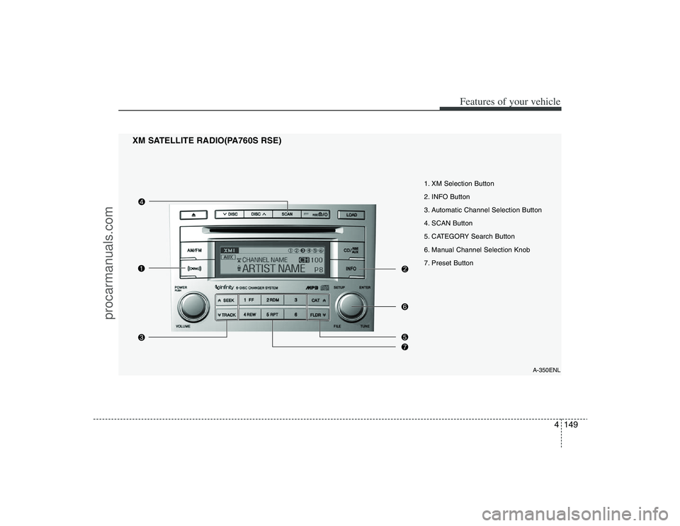 HYUNDAI VERACRUZ 2009 Owners Manual 4149
Features of your vehicle
XM SATELLITE RADIO(PA760S RSE)
A-350ENL
1. XM Selection Button
2. INFO Button
3. Automatic Channel Selection Button
4. SCAN Button
5. CATEGORY Search Button
6. Manual Cha HYUNDAI VERACRUZ 2009 Owners Manual 4149
Features of your vehicle
XM SATELLITE RADIO(PA760S RSE)
A-350ENL
1. XM Selection Button
2. INFO Button
3. Automatic Channel Selection Button
4. SCAN Button
5. CATEGORY Search Button
6. Manual Cha