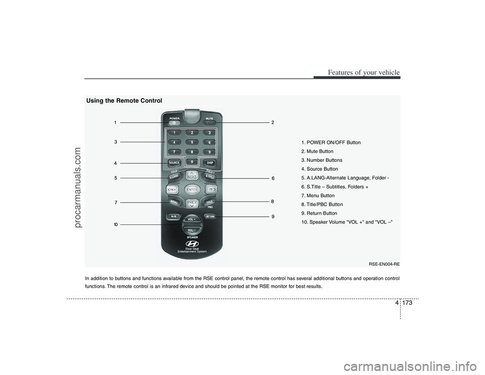 HYUNDAI VERACRUZ 2009 Owners Manual 4173
Features of your vehicle
1. POWER ON/OFF Button
2. Mute Button
3. Number Buttons
4. Source Button
5. A.LANG-Alternate Language, Folder -
6. S.Title – Subtitles, Folders +
7. Menu Button
8. Ti HYUNDAI VERACRUZ 2009 Owners Manual 4173
Features of your vehicle
1. POWER ON/OFF Button
2. Mute Button
3. Number Buttons
4. Source Button
5. A.LANG-Alternate Language, Folder -
6. S.Title – Subtitles, Folders +
7. Menu Button
8. Ti