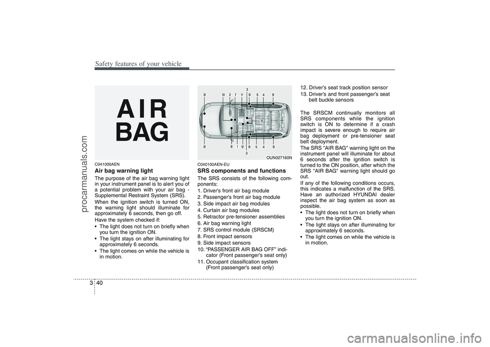 HYUNDAI VERACRUZ 2009 Owners Manual Safety features of your vehicle40 3C041000AENAir bag warning lightThe purpose of the air bag warning light
in your instrument panel is to alert you of
a potential problem with your air bag -
Supplemen HYUNDAI VERACRUZ 2009 Owners Manual Safety features of your vehicle40 3C041000AENAir bag warning lightThe purpose of the air bag warning light
in your instrument panel is to alert you of
a potential problem with your air bag -
Supplemen