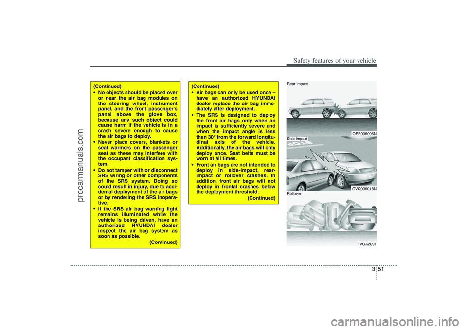 HYUNDAI VERACRUZ 2009  Owners Manual 351
Safety features of your vehicle
OEP036096NOVQ036018N1VQA2091
Rear impactSide impactRollover
(Continued)
 No objects should be placed over
or near the air bag modules on
the steering wheel, instrum