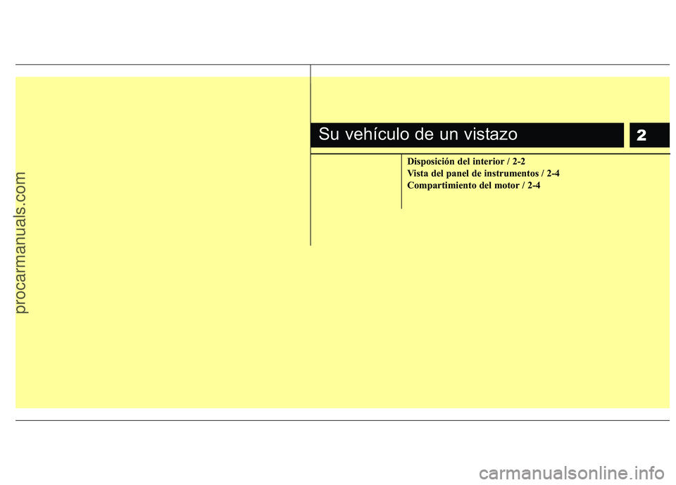 HYUNDAI VERACRUZ 2016  Owners Manual 2
Disposición del interior / 2-2
Vista del panel de instrumentos / 2-4
Compartimiento del motor / 2-4
Su vehículo de un vistazo
procarmanuals.com 