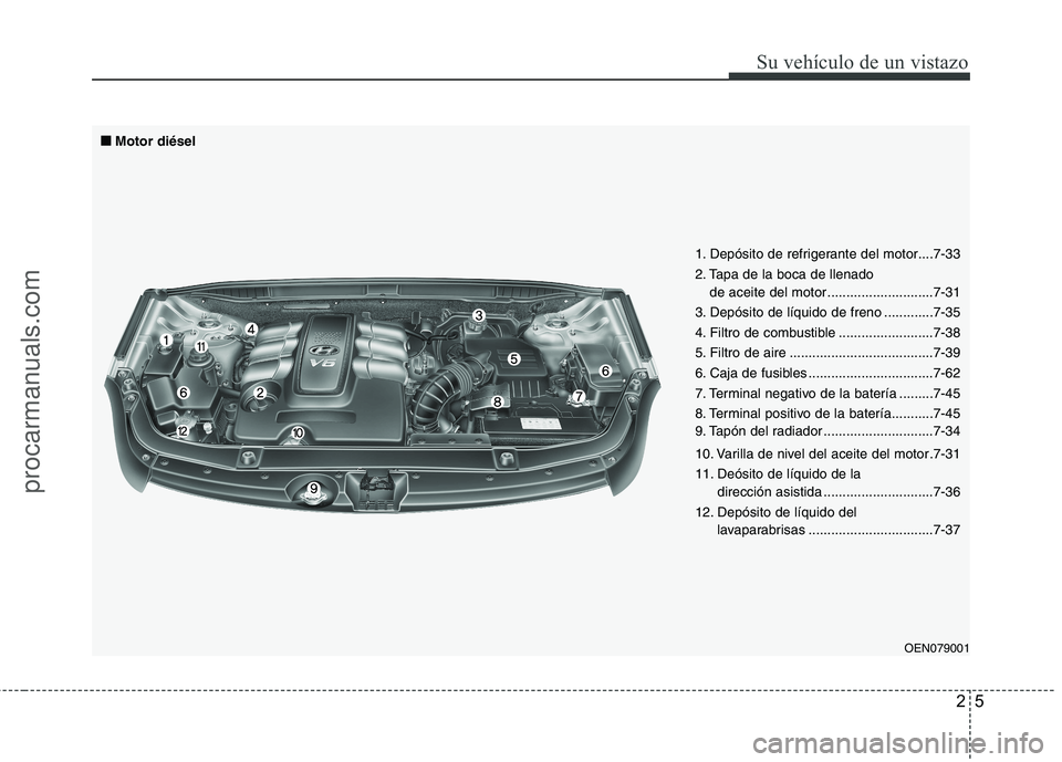 HYUNDAI VERACRUZ 2016 User Guide 25
Su vehículo de un vistazo
1. Depósito de refrigerante del motor....7-33
2. Tapa de la boca de llenado 
de aceite del motor ............................7-31
3. Depósito de líquido de freno .....