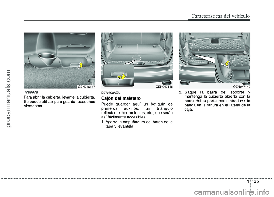 HYUNDAI VERACRUZ 2016  Owners Manual 4 125
Características del vehículo
Trasera
Para abrir la cubierta, levante la cubierta.
Se puede utilizar para guardar pequeños
elementos.
D270500AEN
Cajón del maletero
Puede guardar aquí un boti