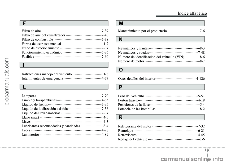 HYUNDAI VERACRUZ 2016  Owners Manual I3
Índice alfabético
Filtro de aire···································································7-39
Filtro de aire del clima