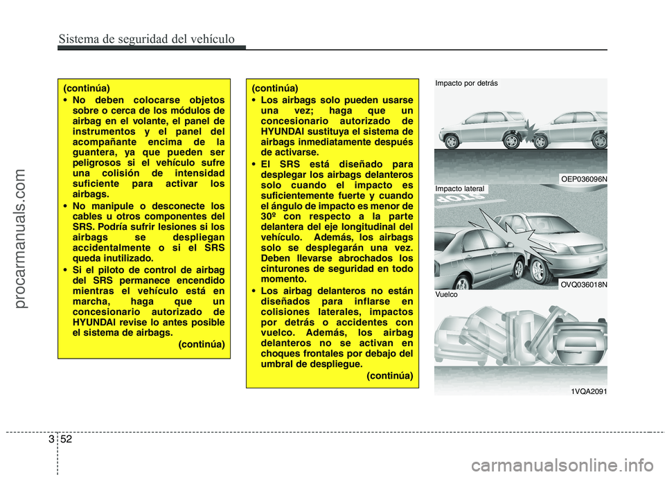 HYUNDAI VERACRUZ 2016  Owners Manual Sistema de seguridad del vehículo
52 3
(continúa)
 No deben colocarse objetos
sobre o cerca de los módulos de
airbag en el volante, el panel de
instrumentos y el panel del
acompañante encima de la