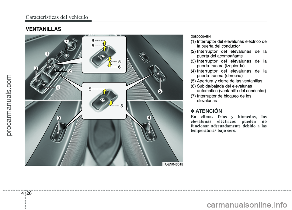 HYUNDAI VERACRUZ 2015  Owners Manual Características del vehículo
26 4
D080000AEN
(1) Interruptor del elevalunas eléctrico de
la puerta del conductor
(2) Interruptor del elevalunas de la
puerta del acompañante
(3) Interruptor del ele