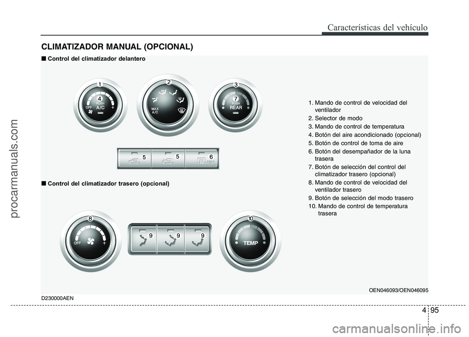 HYUNDAI VERACRUZ 2015  Owners Manual 495
Características del vehículo
CLIMATIZADOR MANUAL (OPCIONAL)
OEN046093/OEN046095
1. Mando de control de velocidad del
ventilador
2. Selector de modo
3. Mando de control de temperatura
4. Botón d