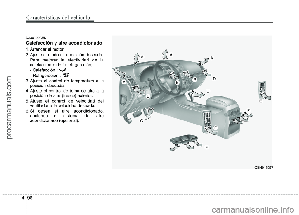 HYUNDAI VERACRUZ 2015  Owners Manual Características del vehículo
96 4
D230100AEN
Calefacción y aire acondicionado
1. Arrancar el motor
2. Ajuste el modo a la posición deseada.
Para mejorar la efectividad de la
calefacción o de la r