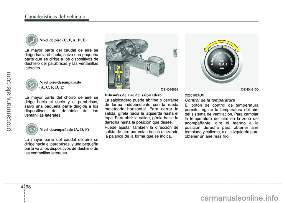 HYUNDAI VERACRUZ 2015  Owners Manual Características del vehículo
98 4
Nivel de piso (C, F, A, D, E)
La mayor parte del caudal de aire se
dirige hacia el suelo, salvo una pequeña
parte que se dirige a los dispositivos de
deshielo del 