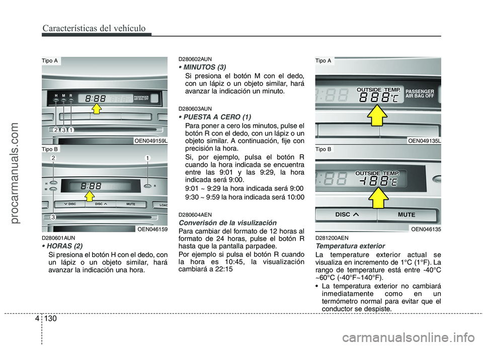 HYUNDAI VERACRUZ 2015  Owners Manual Características del vehículo
130 4
D280601AUN

Si presiona el botón H con el dedo, con
un lápiz o un objeto similar, hará
avanzar la indicación una hora.
D280602AUN

Si presiona el botón M con 
