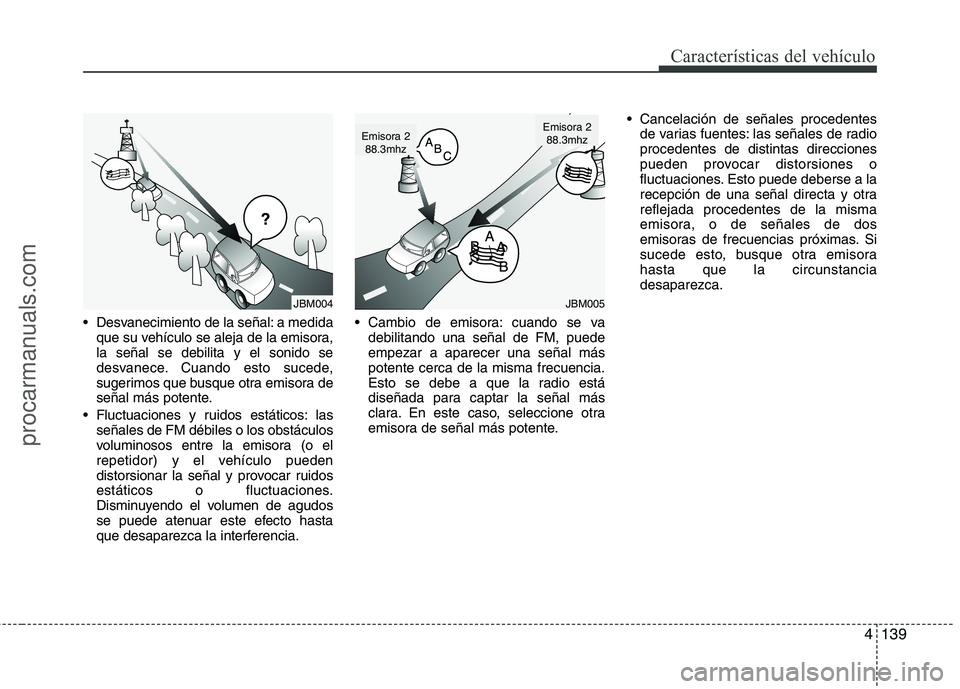 HYUNDAI VERACRUZ 2015  Owners Manual 4139
Características del vehículo
 Desvanecimiento de la señal: a medida
que su vehículo se aleja de la emisora,
la señal se debilita y el sonido se
desvanece. Cuando esto sucede,
sugerimos que b