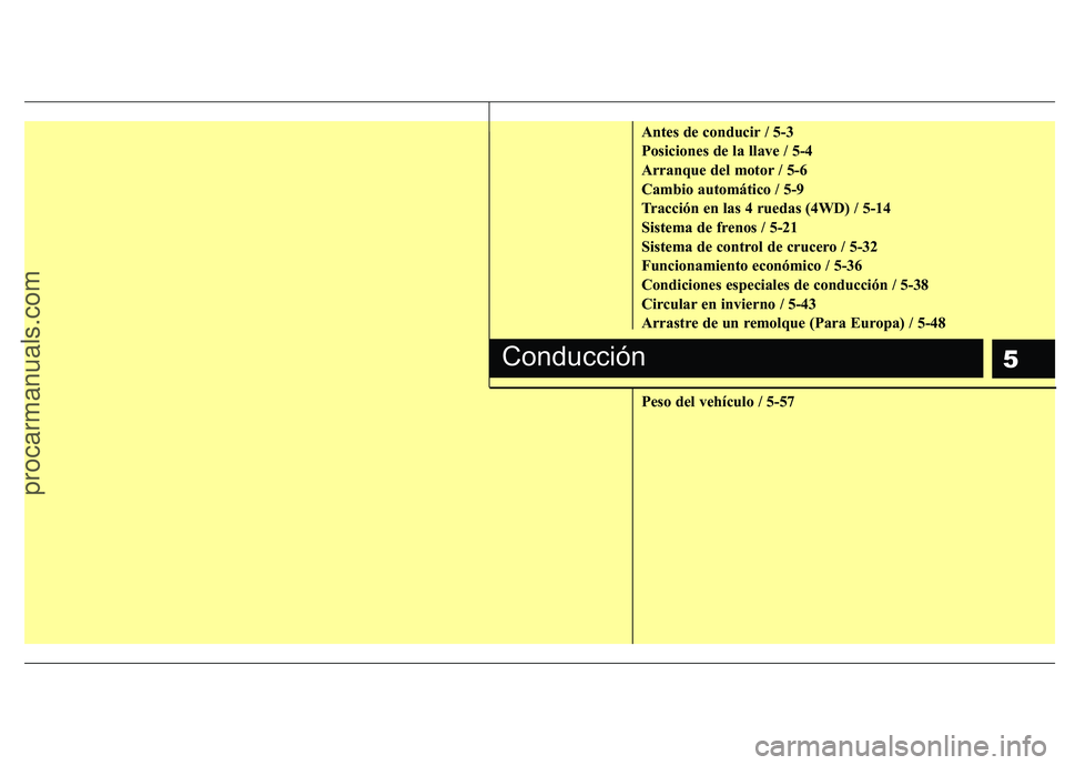 HYUNDAI VERACRUZ 2015 Owners Manual 5
Antes de conducir / 5-3
Posiciones de la llave / 5-4
Arranque del motor / 5-6
Cambio automático / 5-9
Tracción en las 4 ruedas (4WD) / 5-14
Sistema de frenos / 5-21
Sistema de control de crucero / HYUNDAI VERACRUZ 2015 Owners Manual 5
Antes de conducir / 5-3
Posiciones de la llave / 5-4
Arranque del motor / 5-6
Cambio automático / 5-9
Tracción en las 4 ruedas (4WD) / 5-14
Sistema de frenos / 5-21
Sistema de control de crucero /
