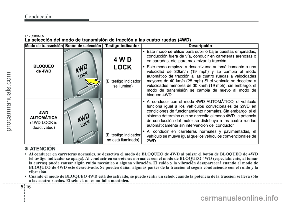 HYUNDAI VERACRUZ 2015  Owners Manual Conducción
16 5
E170200AENLa selección del modo de transmisión de tracción a las cuatro ruedas (4WD)
Modo de transmisiónBotón de selecciónTestigo indicador Descripción
 Este modo se utilize pa