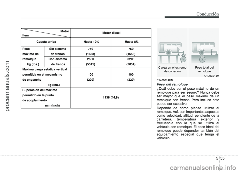 HYUNDAI VERACRUZ 2015 Owners Manual 555
Conducción
E140601AUN
Peso del remolque
¿Cuál debe ser el peso máximo de un
remolque para ser seguro? Nunca debe
ser mayor que el peso máximo de un
remolque con frenos. Pero incluso éste
pue HYUNDAI VERACRUZ 2015 Owners Manual 555
Conducción
E140601AUN
Peso del remolque
¿Cuál debe ser el peso máximo de un
remolque para ser seguro? Nunca debe
ser mayor que el peso máximo de un
remolque con frenos. Pero incluso éste
pue
